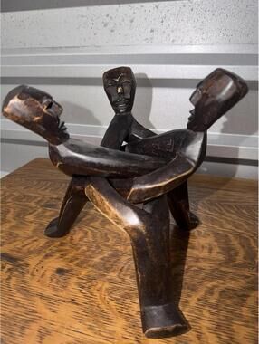 African Hand-Carved Wooden Unity Sculpture Of Three Intertwined Figures